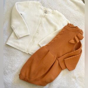 Carter's 24M Cream Knit Cardigan with Rust Bow 18/24 Knit Bubble Romper Bundle